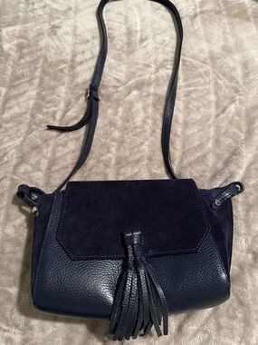 Womens Navy Suede & Leather Crossbody Bag with Tassel